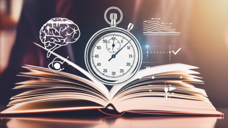 Pessoa praticando leitura dinâmica em um livro de literatura estrangeira, com linhas de velocidade, trechos de texto em vários idiomas e um cronômetro ao fundo.