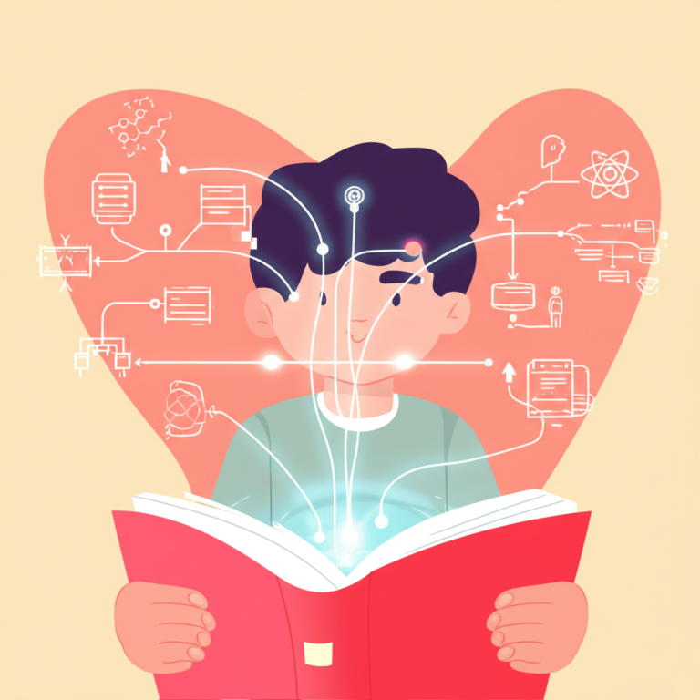 Student reading scientific text with overlay of mind maps and neural pathways.