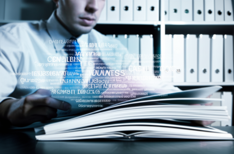 Profissional lendo rapidamente um relatório técnico com linhas de movimento e sobreposições digitais de palavras‑chave e gráficos.