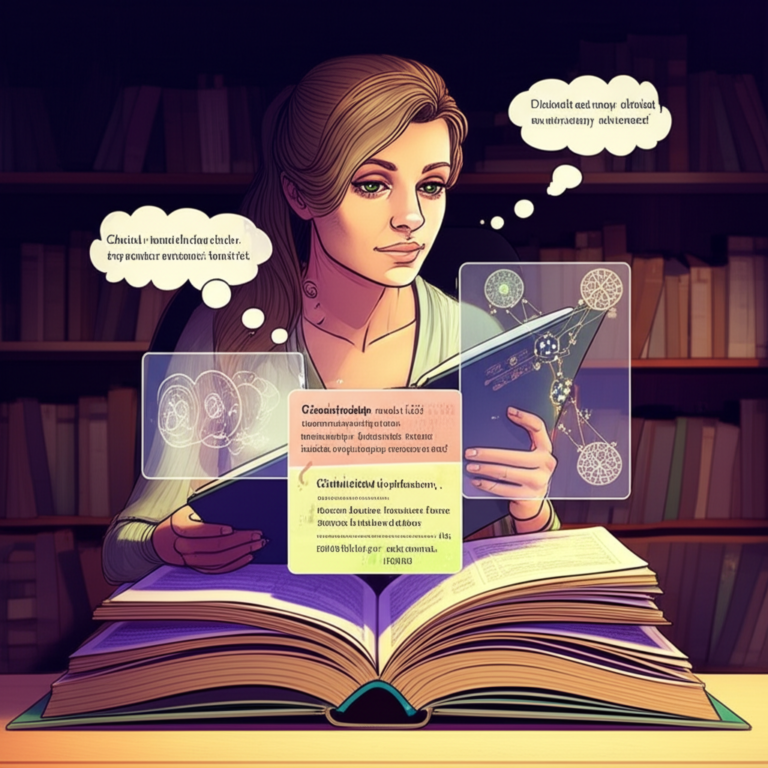 Ilustração de um psicólogo lendo um livro de psicologia clínica com camadas transparentes de anotações, diagramas neurais e símbolos de pensamento, representando a metaleitura.