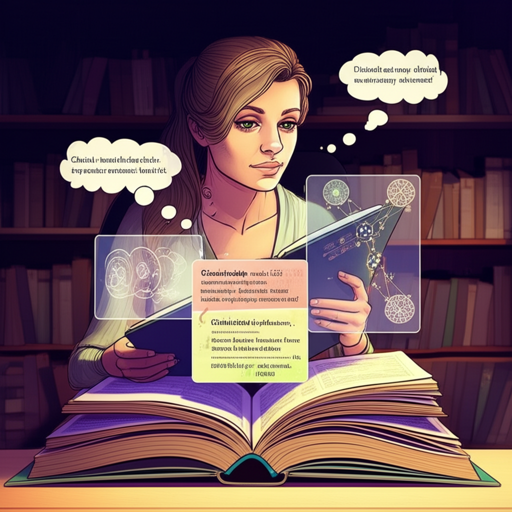 Ilustração de um psicólogo lendo um livro de psicologia clínica com camadas transparentes de anotações, diagramas neurais e símbolos de pensamento, representando a metaleitura.