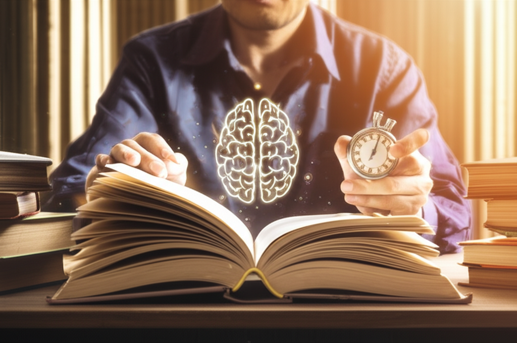 Pessoa lendo rapidamente livros de filosofia clássica com cronômetro e ícones de cérebro, rodeada por colunas gregas.