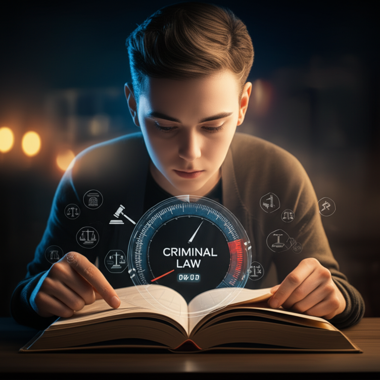 Estudante de direito penal praticando leitura dinâmica com livro, ícones jurídicos e efeito de velocidade.