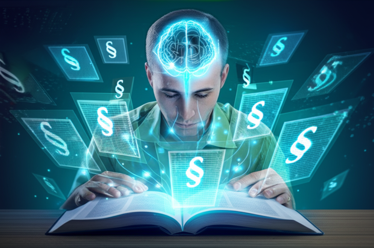 Pessoa lendo um livro de leis com hologramas de artigos e conexões neurais iluminadas, representando a metaleitura.