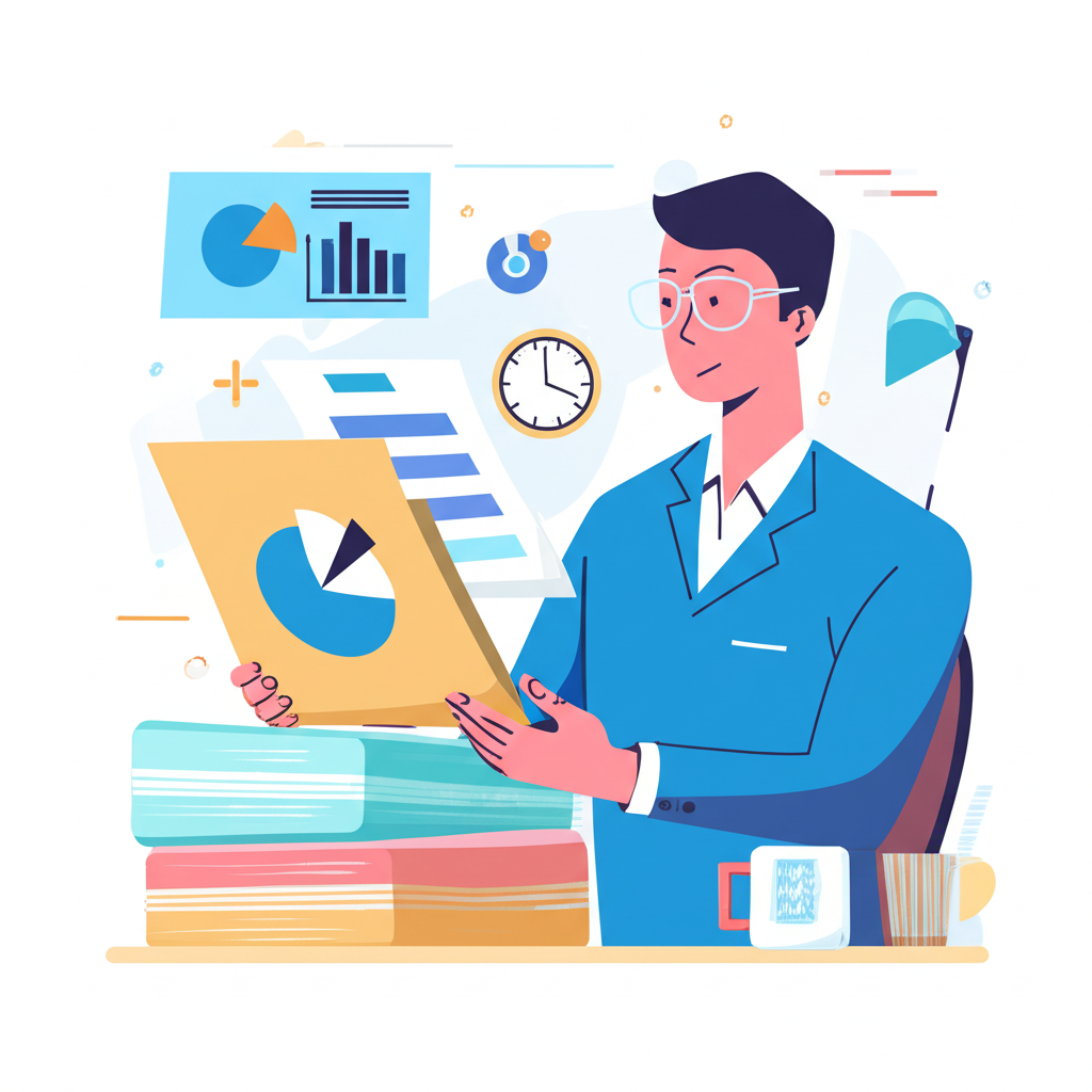 Pessoa lendo rapidamente documentos de administração em um escritório, com ícones de gráficos, tabelas e relógio ao redor.