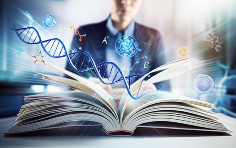 Pesquisador lendo rapidamente um livro de biologia molecular, rodeado por fitas de DNA e símbolos científicos.