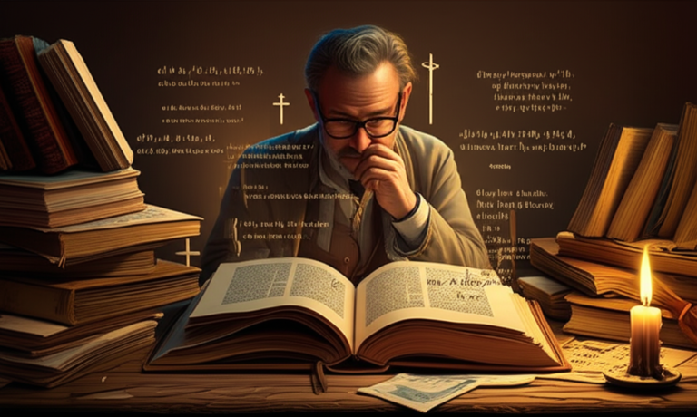 Scholar reading a book with floating layers of theological symbols and text, representing metaleitura in theology studies.
