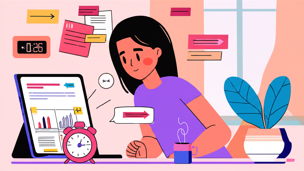 Ilustração de pessoa com TDAH praticando leitura rápida com notas adesivas, timer e tablet em ambiente calmo e colorido.