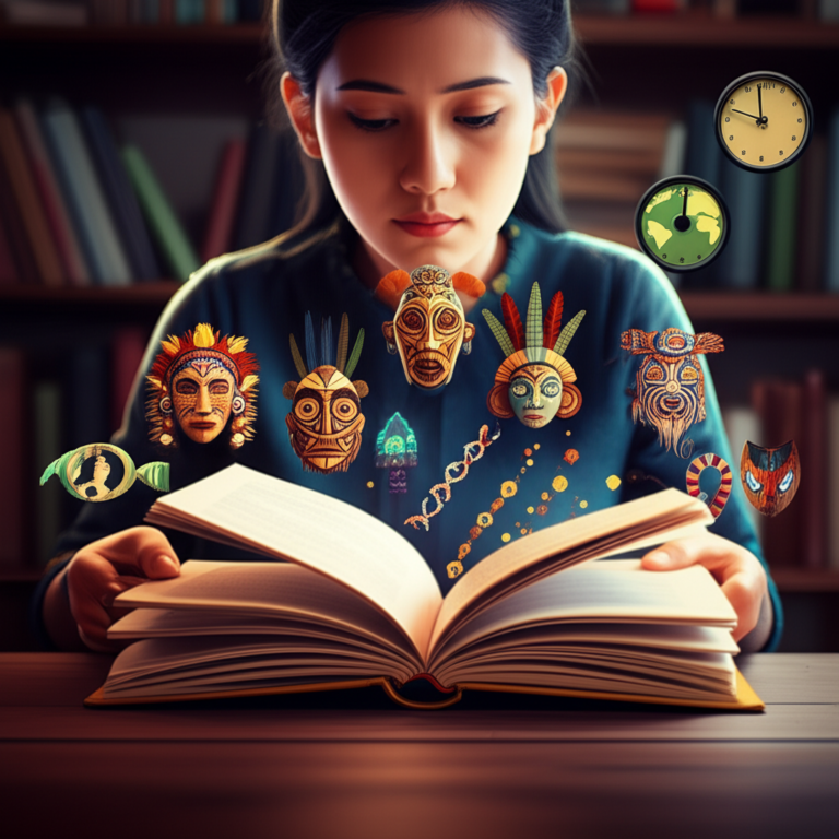 Pessoa lendo rapidamente um livro de antropologia enquanto ícones culturais flutuam ao redor.