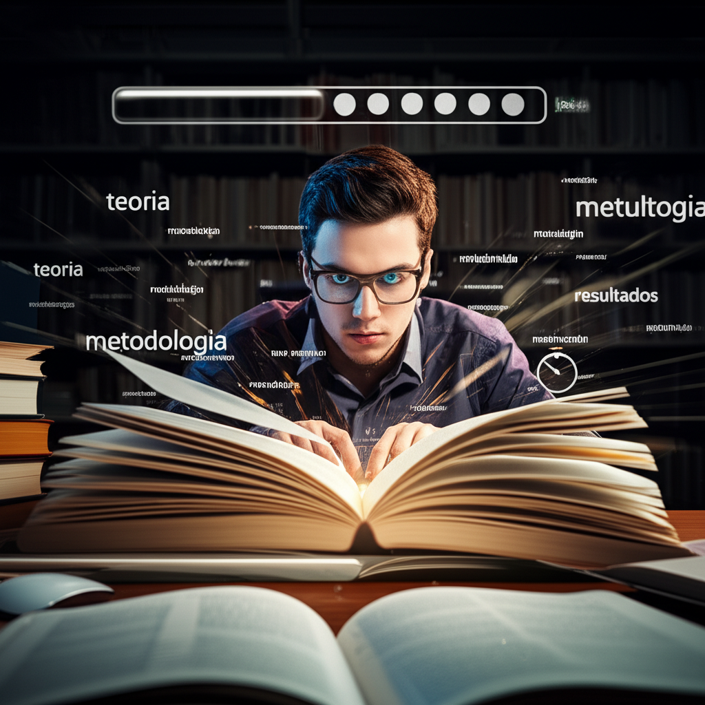 Estudante usando técnicas de leitura dinâmica para absorver rapidamente dissertações acadêmicas, com linhas de movimento e palavras flutuantes ao redor dos livros.