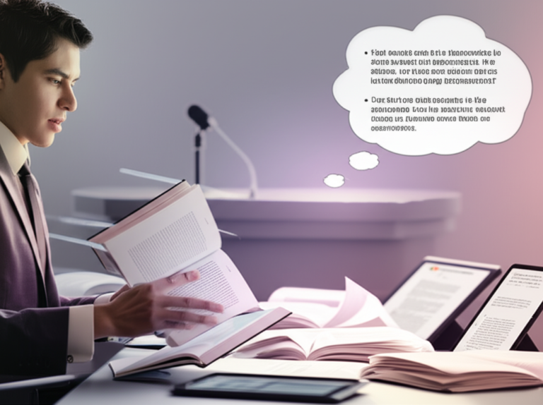 Pessoa lendo rapidamente vários livros e tablets enquanto se prepara para um debate, com linhas de movimento e um pódio ao fundo.