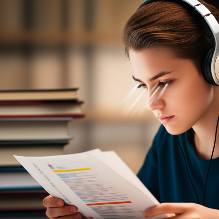 Estudante praticando leitura acelerada em prova de idioma, cercado por livros e cronômetro digital.