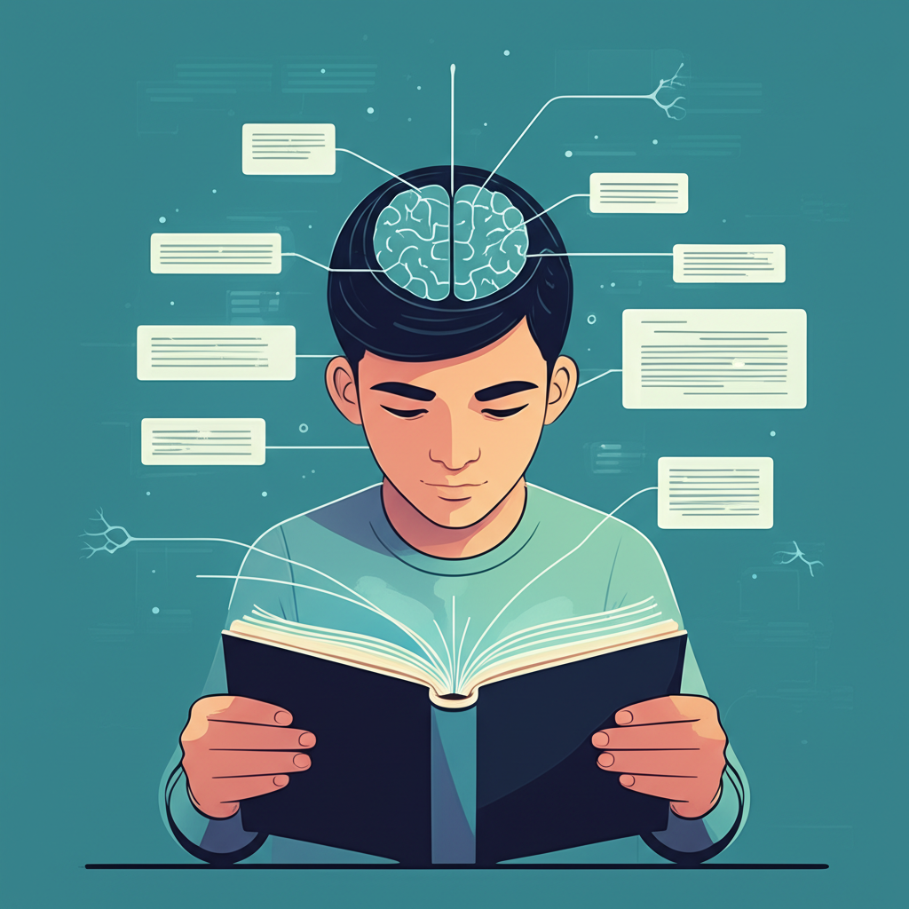 Illustration of meta-reading boosting retention of technical content with glowing neural connections between a book and a brain.