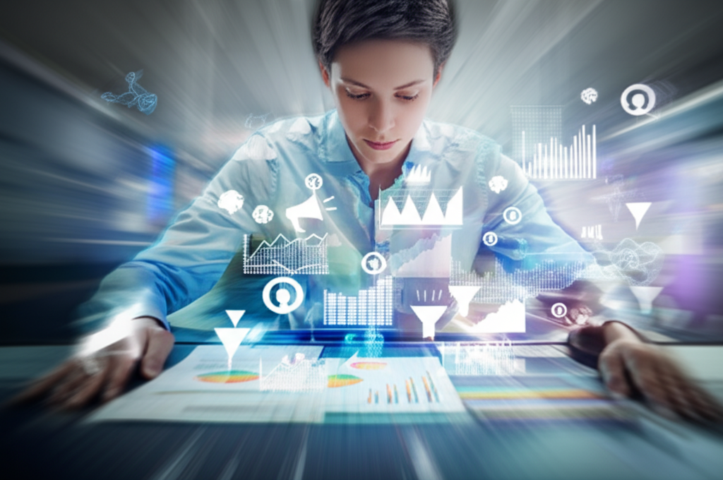 Pessoa concentrada lendo rapidamente um relatório de marketing avançado, com páginas em movimento e ícones de marketing ao fundo.