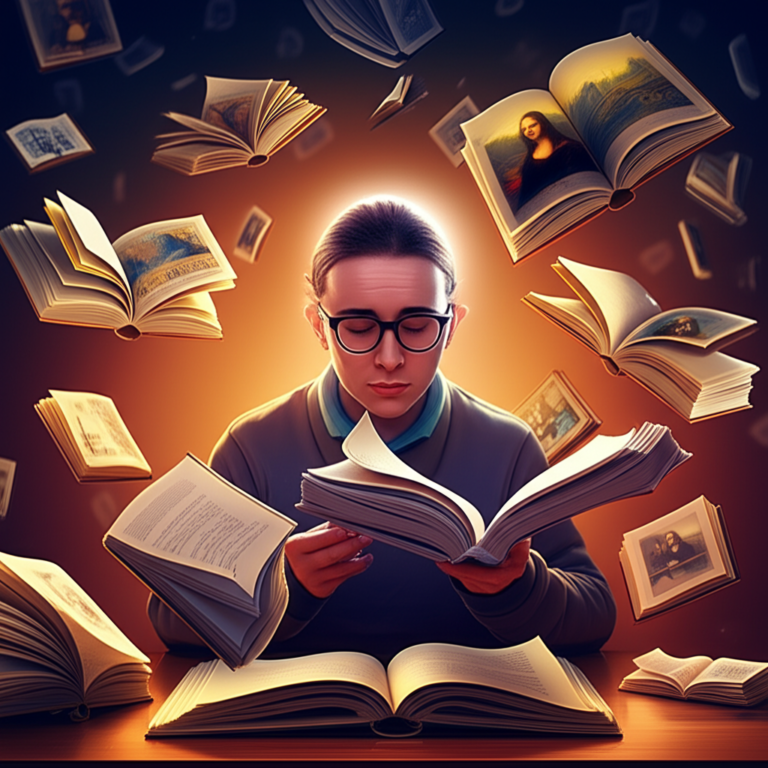 Pessoa lendo rapidamente livros de história da arte, com obras famosas flutuando ao redor