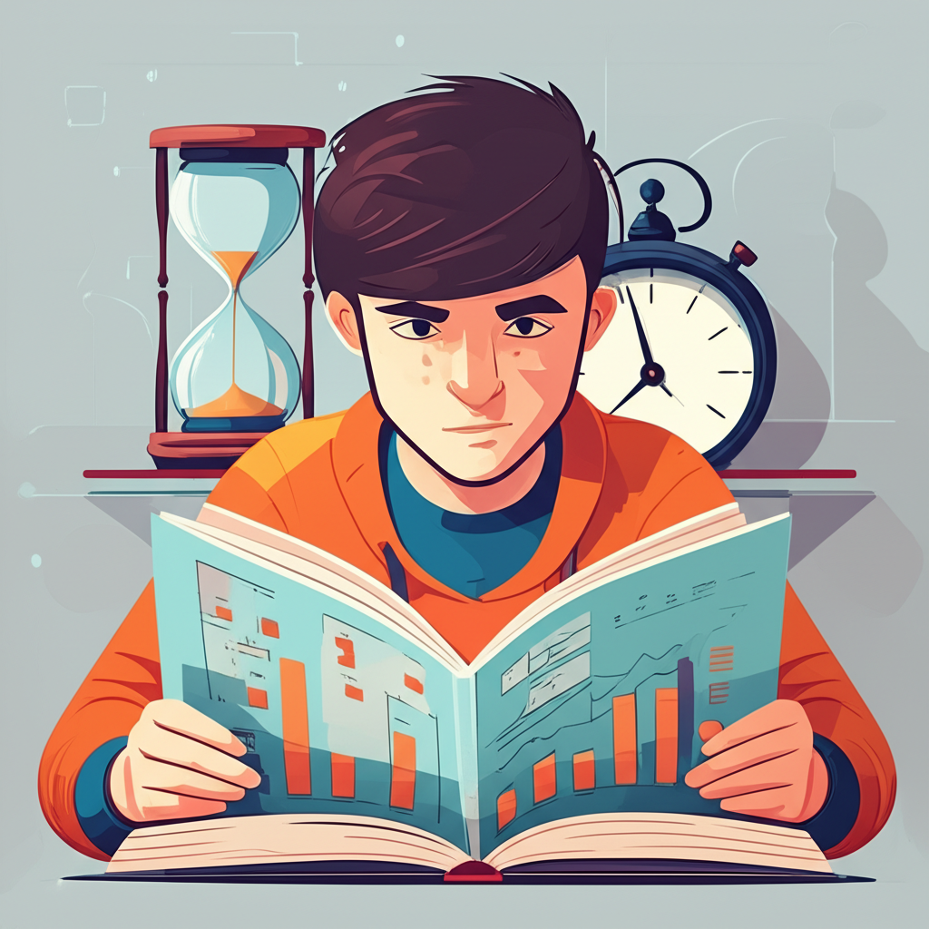 Estudante lendo rapidamente um livro de estatística cercado por gráficos e números.