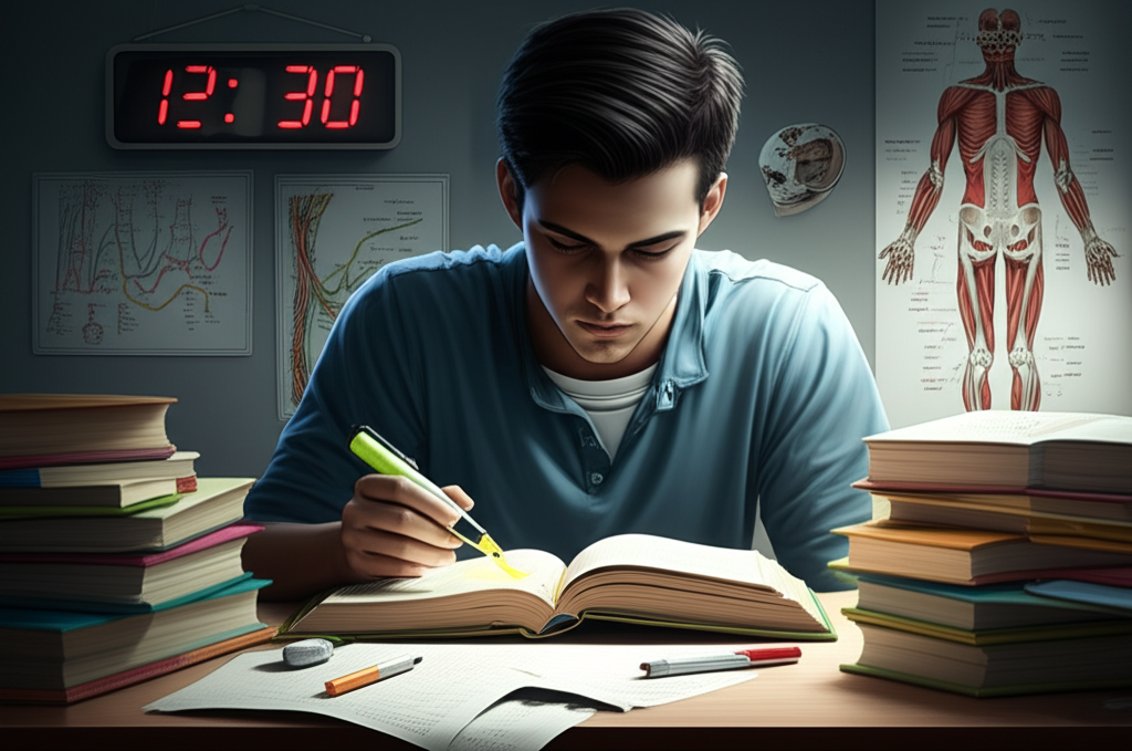 Estudante de medicina lendo rapidamente livros e anotações, com relógio digital e materiais de exame ao fundo.