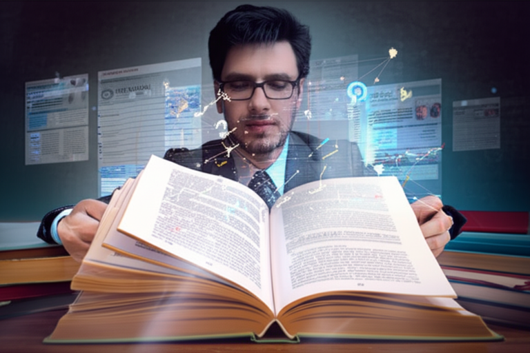 Scholar reading modern philosophy books while meta‑annotations and glowing lines emerge from the pages, illustrating metaleitura.