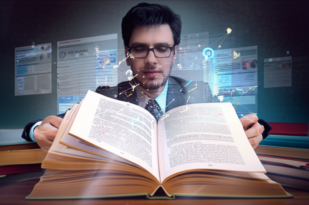 Scholar reading modern philosophy books while meta‑annotations and glowing lines emerge from the pages, illustrating metaleitura.