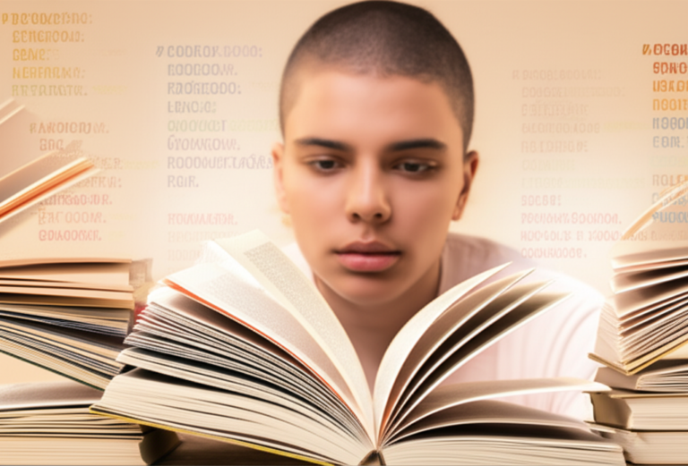 Pessoa lendo rapidamente vários livros de literatura comparada, com linhas de movimento que sugerem velocidade.