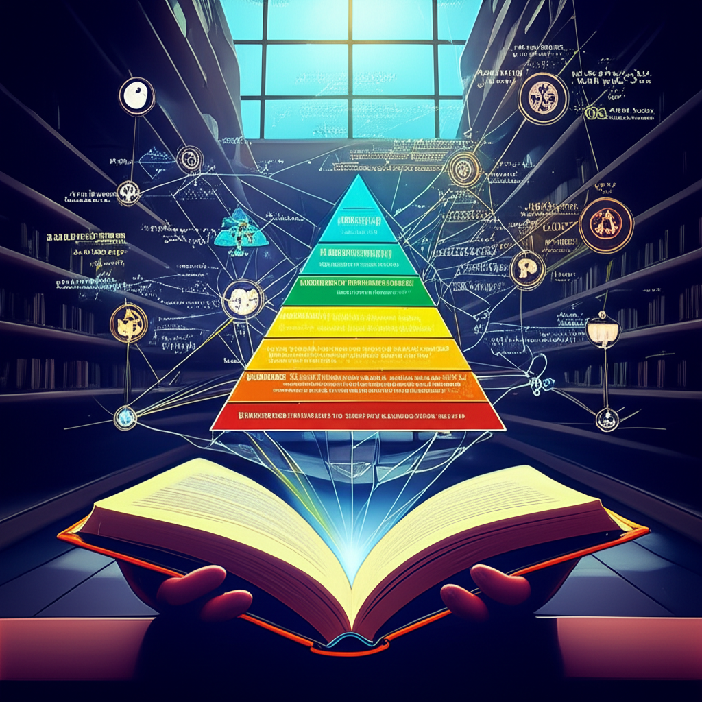 Ilustração de metaleitura com páginas de livro que se transformam em fios de luz conectando símbolos de teorias sociais.