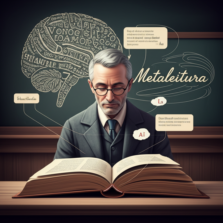 Ilustração de um estudioso lendo um livro com camadas de texto, símbolos linguísticos e anotações meta‑textuais, representando a metaleitura em estudos de linguística.