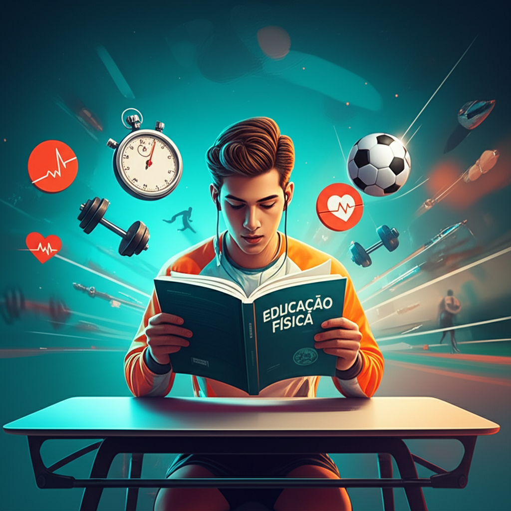 Pessoa em roupa esportiva lendo rapidamente um livro de Educação Física, com ícones de esportes e cronômetro ao redor.