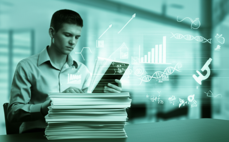 Pessoa lendo rapidamente relatórios científicos com ícones de ciência flutuando ao redor, simbolizando leitura dinâmica.