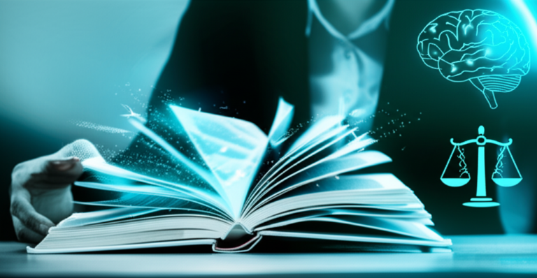 Pessoa estudando direito lendo rapidamente livros e códigos jurídicos, com efeitos visuais que simbolizam velocidade e memorização.