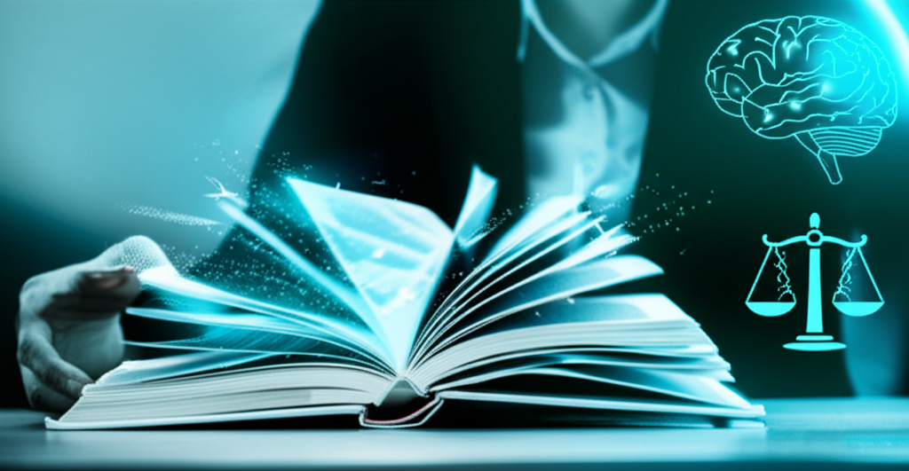 Pessoa estudando direito lendo rapidamente livros e códigos jurídicos, com efeitos visuais que simbolizam velocidade e memorização.