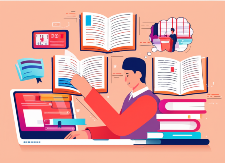 Estudante universitário usando leitura rápida com livros, laptop e cronômetro, preparando palestra acadêmica.