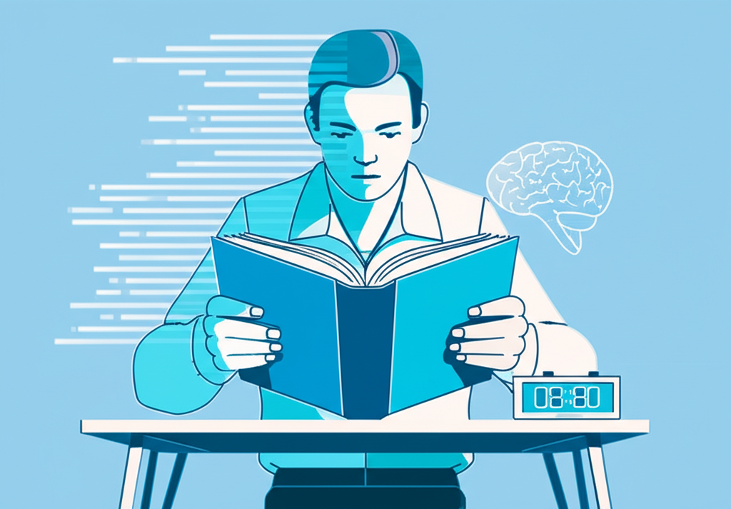 Profissional usando leitura acelerada em prova de certificação, com texto em movimento e timer ao fundo