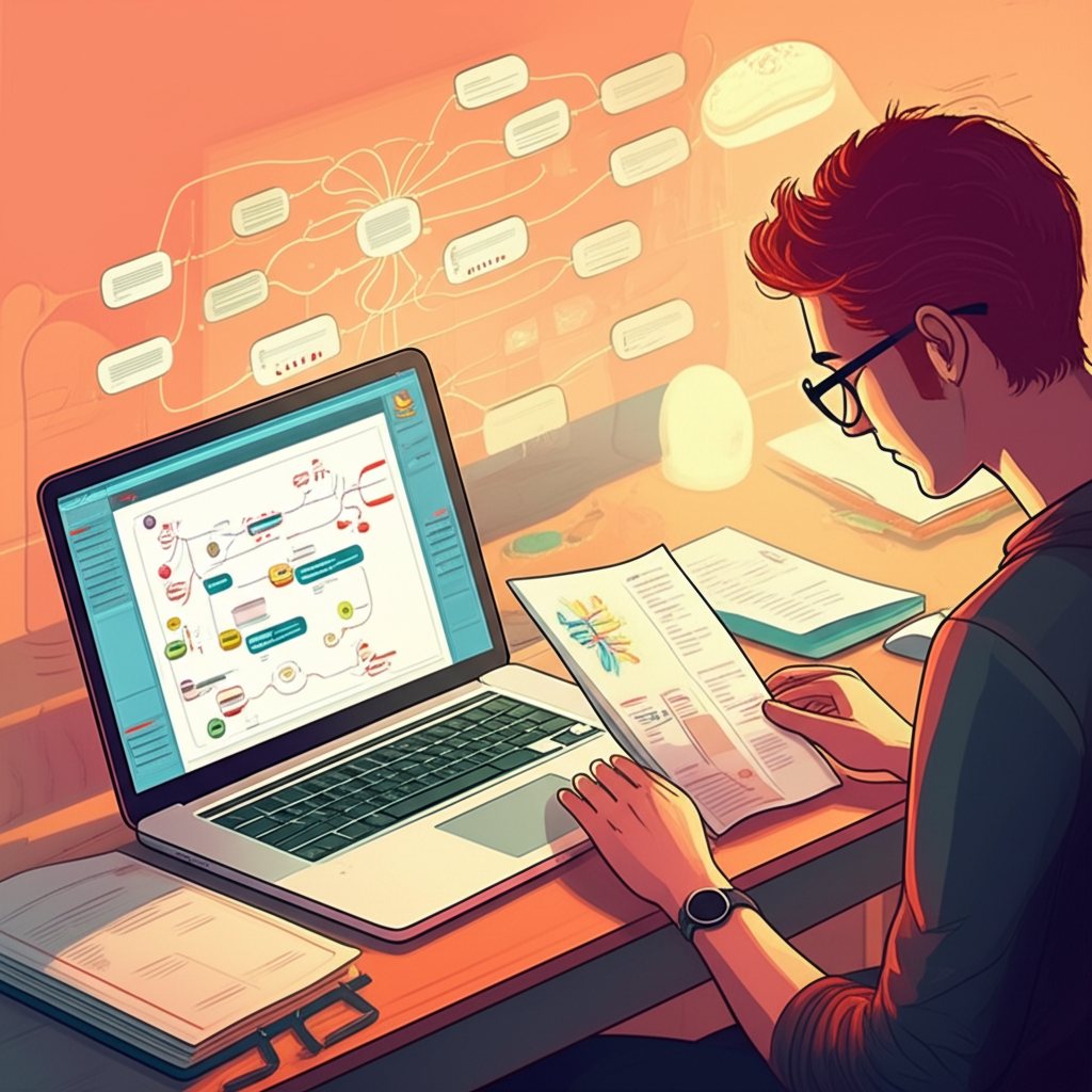 Estudante praticando metaleitura, rodeado de papéis, laptop e mapa mental, organizando ideias para projeto acadêmico.