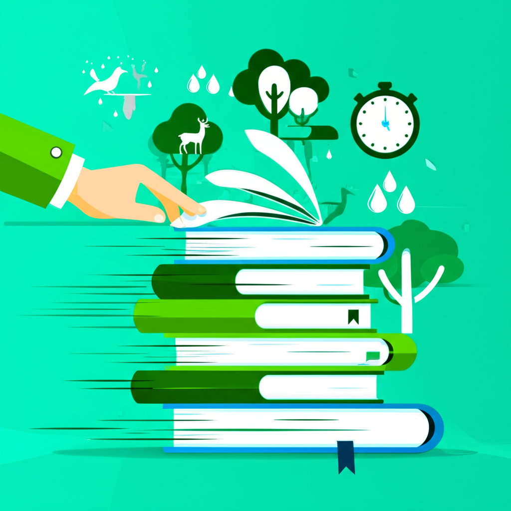 Pessoa lendo rapidamente textos de ciência ambiental, rodeada por ícones de natureza e um cronômetro.