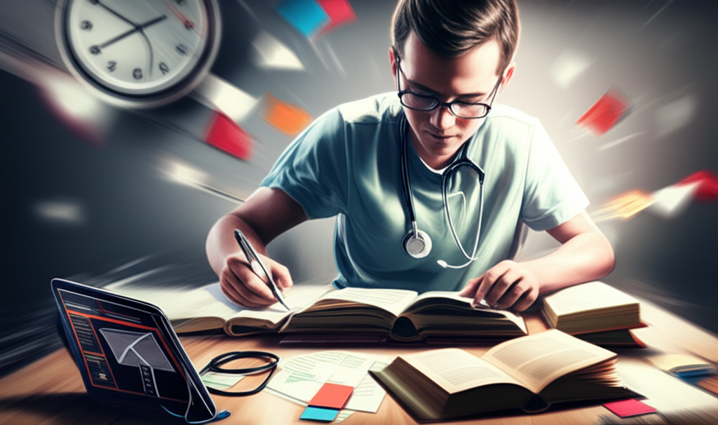 Estudante de medicina praticando leitura acelerada com livros, tablet e relógio ao fundo.
