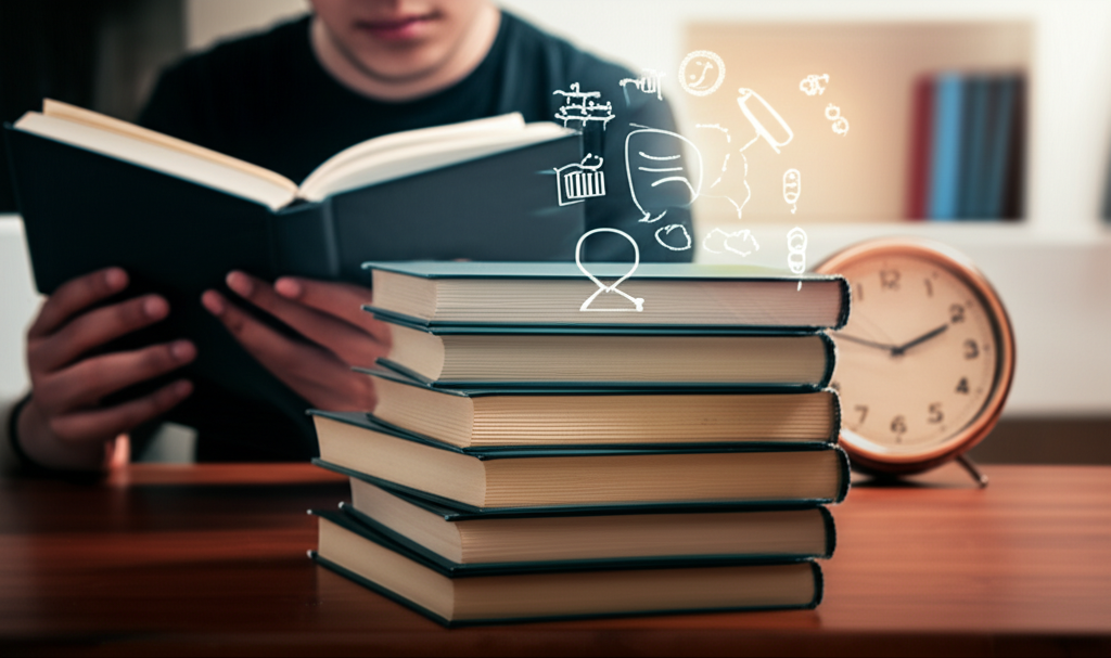 Pessoa lendo rapidamente livros de filosofia contemporânea, com páginas desfocadas e símbolos filosóficos ao redor