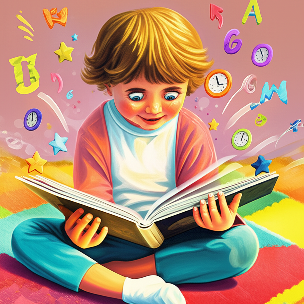 Criança lendo um livro infantil com efeitos que sugerem leitura dinâmica, como linhas de velocidade e letras flutuantes.