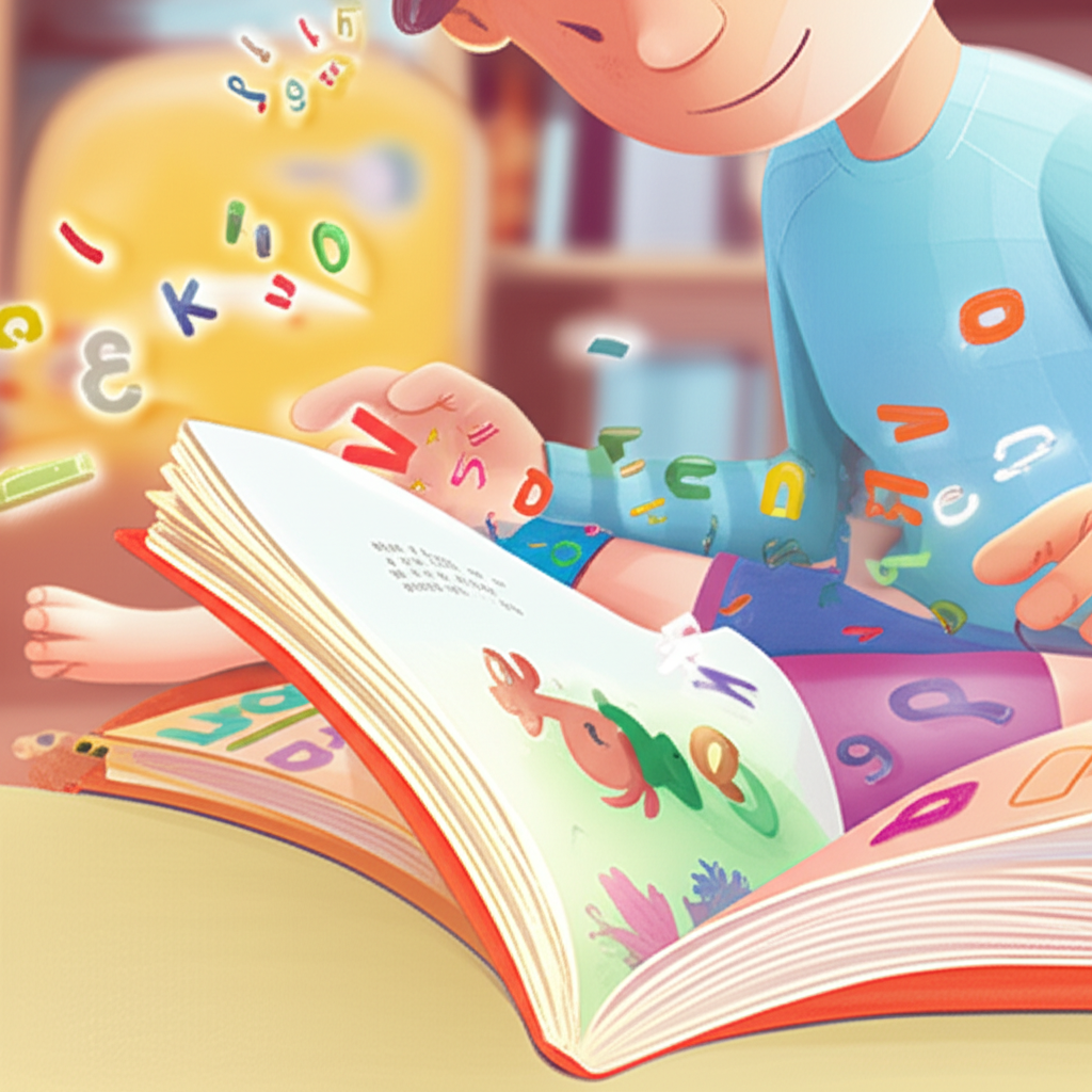Criança lendo rapidamente um livro infantil colorido, com efeitos que sugerem leitura dinâmica.