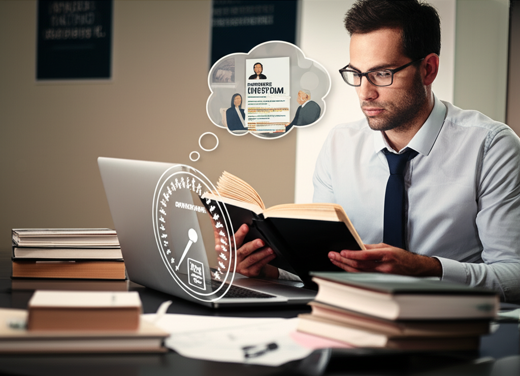 Pessoa praticando leitura acelerada com livros, anotações e laptop, visualizando uma entrevista de emprego em pensamento.